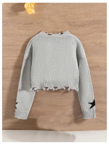 Girl's Star Print V Neck Ripped Sweaters Raw Hem Long Sleeve Crop Pullover Tops Knitwear2
