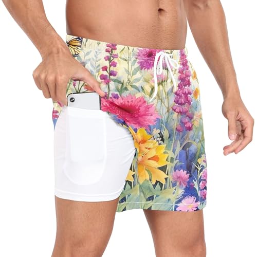 xigua Wildflowers and Butterflies Mens Swim Trunks with Liner, 5 inch Quick Dry Mens Boardshorts for Beach2