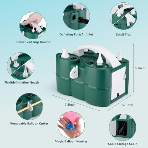 Voircoloria Balloon Pump Electric, 3-in-1 Portable Automatic Dual Nozzle Inflator 110V with Tying Tools for Birthday Gender Reveal Baby Shower Balloons Party Decorations(Green)