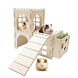 Teabelle Guinea Pig Hideout House with Feeder, Wooden Guinea Pig Castle Cage with Ramp, Small Animal Habitat Decor for Dwarf Bunnies Chinchillas Hamsters Squirrels Guinea Pigs