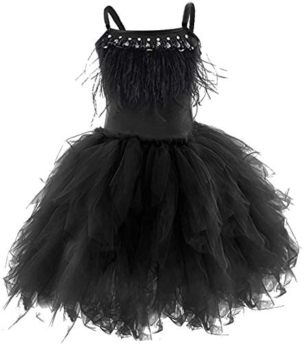 Kids Girls Spaghetti Strap Lace Feather Fringes Tutu Tulle Swan Princess Dress Ruffles Backless Ballet Leotard Dance Skirted Pageant Party Wedding Formal Birthday Cake Short Tiered Gown Black 2-3