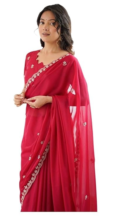 Image of Star Georgette Saree with Sequin Embroidery Work and Embroidered Blouse (Star-104)