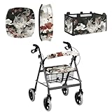 YUVAMAGIMO Plum Blossom Cat Print 3-Piece Walker Seat Cover Set - Rollator Accessories Include Padded Backrest and Under Seat Storage Bag, Universal Fit Easy Installation, Breathable for Daily Comfort