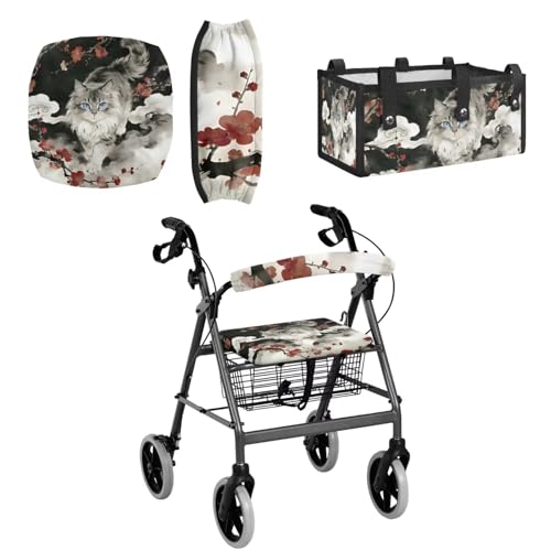 YUVAMAGIMO Plum Blossom Cat Print 3-Piece Walker Seat Cover Set - Rollator Accessories Include Padded Backrest and Under Seat Storage Bag, Universal Fit Easy Installation, Breathable for Daily Comfort