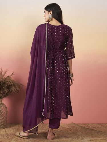 Image of INDO ERA Silk Wine A-Line Embroidered Kurta Trouser With Dupatta Set For Women