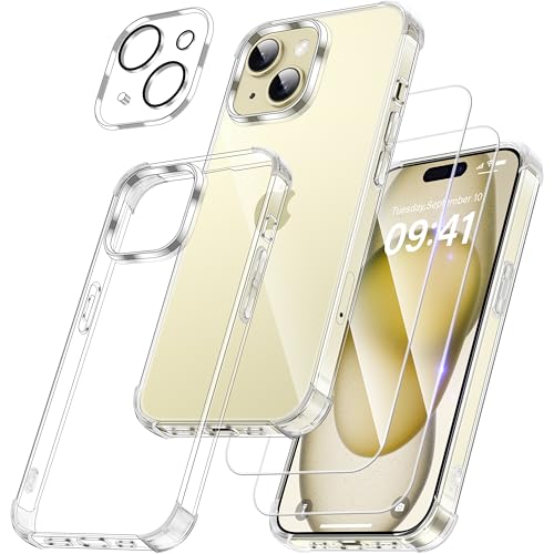 FLLAO 4 in 1 Handyhülle für iPhone 15 Plus Hülle mit 2 Schutzfolie & 1 KameraSchutz, Superdünn Anti-Vergilbung Kristallklar HandyHülle Stoßfest Kratzfest Schutzhülle, Transparent