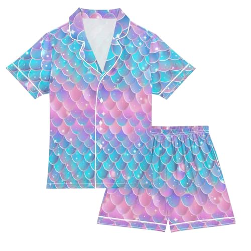 ALAZA Fish Scale Mermaid Blue Pink Satin Pajamas Set Short Sleeve Button Down Sleepwear Summer Pjs 2 Piece