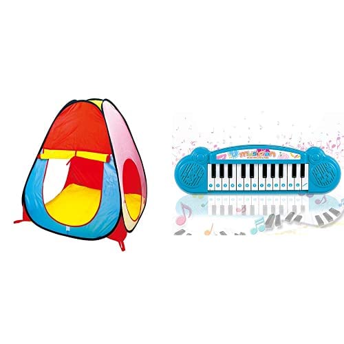 Image of Popsugar Camp N Play Tent for Kids | Indoor or Outdoor, Foldable Tent, Portable, Multicolor & Popsugar Kids Piano with 24Key, Blue Combo