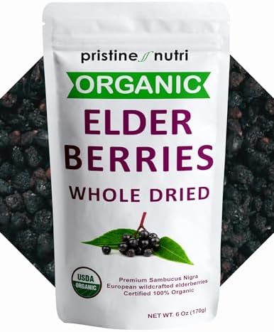 100% Organic Elderberry Dried, Whole Dried Elderberries Berries Organic, European Wildcrafted All Natural, Non-GMO, Non-irradiated Elderberries Organic, Make Syrup, Tea, 6 Ounces Resealable Bag (Packaging May Vary)