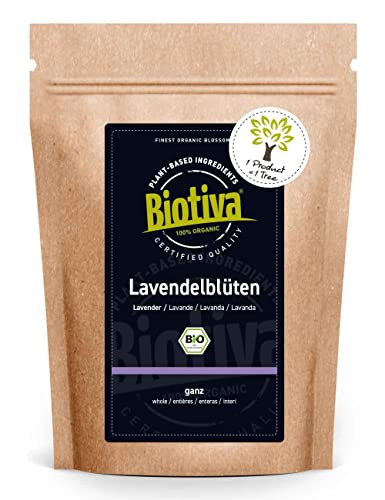Biotiva Flores de lavanda orgánica enteras 100 g - azul - mejor calidad orgánica - infusión de lavanda - llenada y certificada en Alemania (DE-ÖKO-005)
