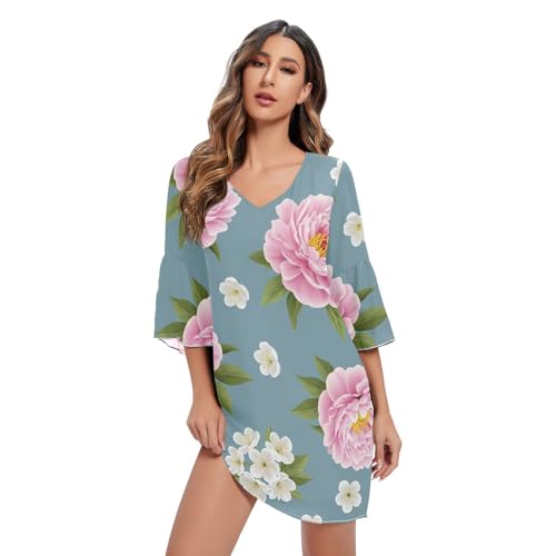 Robe hawaïenne col en V à motif pivoine blanche pour femme