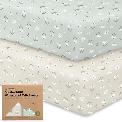 Image of 2-Pack Waterproof Crib Sheets for Boys, Girls - 52x28 Fitted Organic Cotton Baby Crib Sheets, Toddler Mattress Protector Cover, Washable, Soft & Durable Baby Bedding Essentials (Daisies)