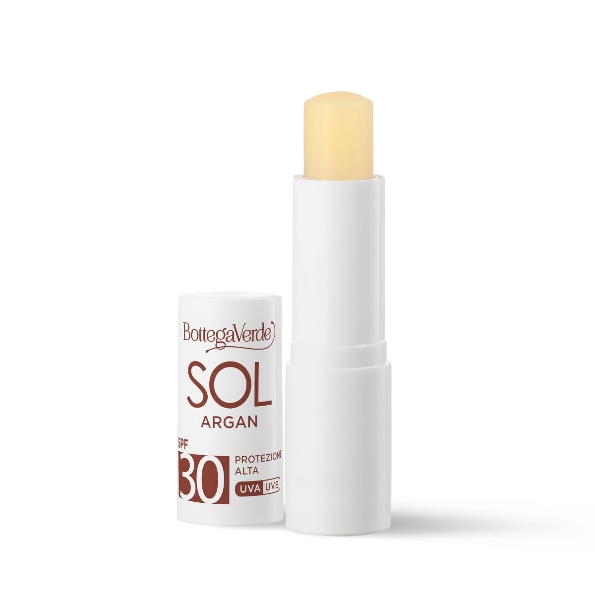Bottega Verde - Sol Argan, Stick Labbra Solare, 5,5 ml, SPF 30, Arricchito con Olio di Argan e Vitamina C, Nutre e Protegge, con Filtri Solari, Senza Siliconi, Profumo Delicato, Resistente all'Acqua