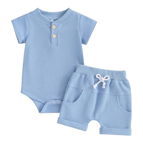 Image of Kuriozud Newborn Baby Boy Summer Clothes Button Short Sleeve Romper Bodysuit Shorts Set Toddler Soft Waffle Outfit