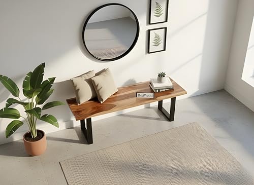 Image of REDWOOD Solid Sheesham Wood 3 Seater Bench for Living Room | Wooden Dining Bench Without Cushion for Home | Patio Outdoor & Balcony Seating Furniture | Black Coated Iron Metal Legs| Brown