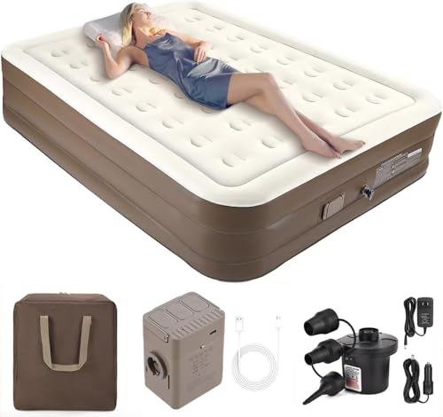 EMUQUD Air Mattress Queen with Built-in Battery Powered Removable Pump, Blow Up Mattress, Strong Support All Night, No Lost Air,Compact Inflatable Air Bed for Home Guests Camping (Brown)