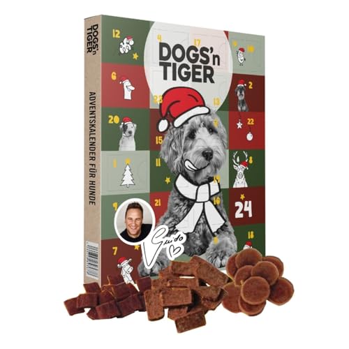 Dogs'n Tiger – Guido Maria Kretschmer Perros Calendario de Adviento 2025, calendario de Adviento para perros – Snacks naturales y de alta calidad hechos de 85% de carne detrás de cada puerta, sin