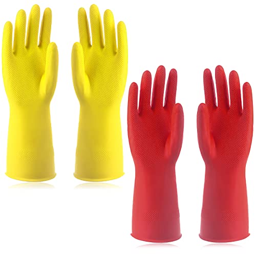 WLLHYF 2 pares de guantes de limpieza de goma para el hogar, guantes de goma reutilizables para lavar platos, guantes de goma de limpieza impermeables, guantes de cocina flexibles y duraderos