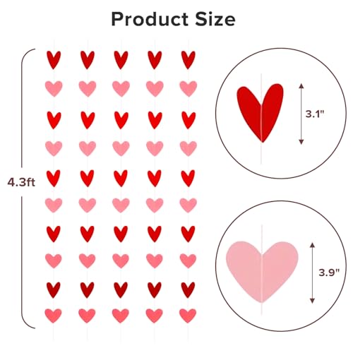 Valentines Day Decorations - 80 Heart Garland Red & Pink,Hanging Hearts Banner for Valentine\'s Day Decor - ECO-Friendly Material, Perfect for Party, Wedding, Engagement, and Home Decor