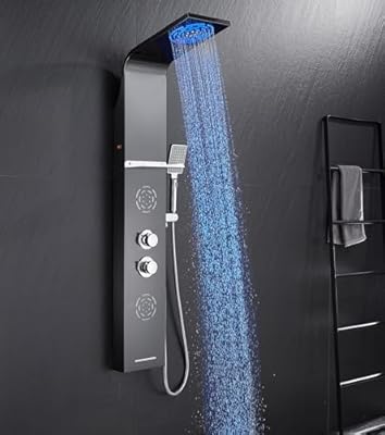 POPFLY LED Shower Panel Tower System with Shelf, MIST & Rainfall Shower Head and Rain Massage System with 2 Body Jets, Tub Spout, Handheld Shower with 59" Hose, 304 Stainless Steel, Matte Black