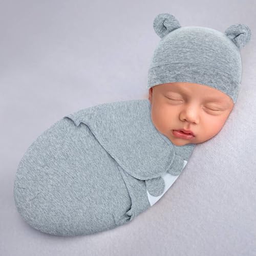 Image of Cinaci 2 Pack Adjustable Soft Cotton Blend Newborn Baby Receiving Swaddle Blankets Sleep Sacks with Nursery Hats Caps Beanies Bonnets for Baby Girls Boys Newborns Infants