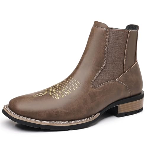 Image of Santimon Men's Square Toe Chelsea Boots, Ankle High, Slip-On, Anti-Slip Dress Casual Outdoor Boots