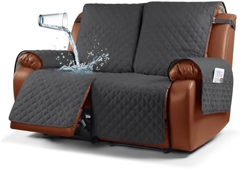 Ruaozz Waterproof Recliner Sofa Cover 1-Piece Couch Covers for Reclining Couches Reclining Sofa Cover Washable Furniture Protector with Elastic Straps Pocket for Kids, Pets (Charcoal Grey, 2 Seater)
