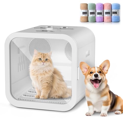 Automatic Pet Hair Dryer Box, 70L Dual Motor Fans Blower for Cats and Small Dogs, 360° Drying, Temperature Control, Self-Dryer Boxes with 4 Adjustable Speed Settings & 5 Drying Modes, 5 Towels, White