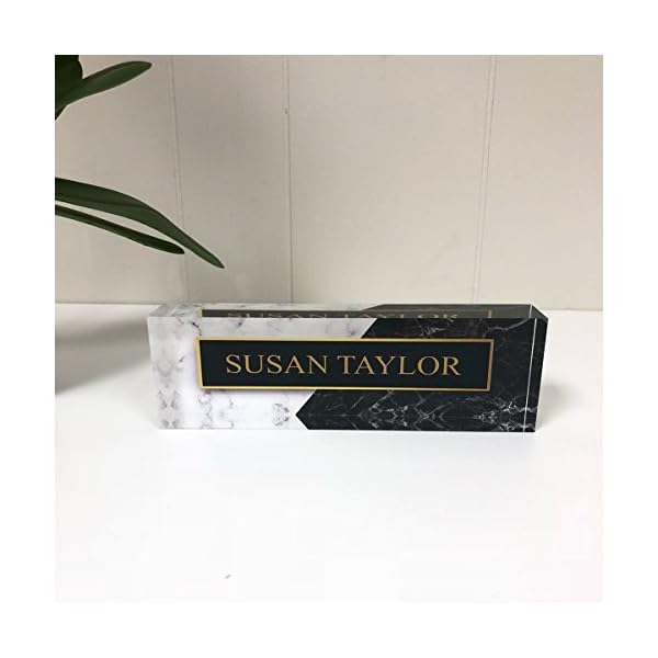 Artblox personalized name plate for desk black white marble design on clear acrylic glass custom desk name plate personalized name and credentials for teacher phd military office name plate  urban country home decor
