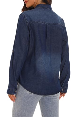 GUANYY Womens Denim Button Down Shirt Long Sleeve V Neck Jean Shirts Western Chambray Blouse Top4