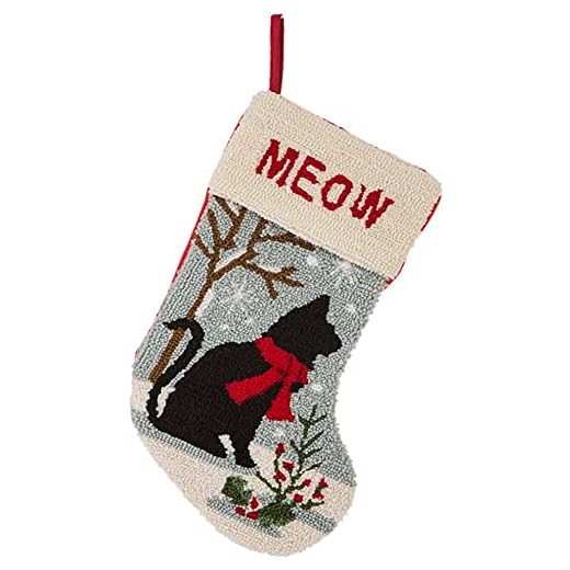 glitzhome 19" L Cat Christmas Stocking Oversize Handmade Hooked Xmas Fireplace Hanging Decoration Stockings for Family Holiday Season Party Decor