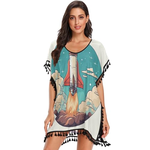 Cartoon Rocket Art Sky Women's Beach Cover Up Chiffon Tassel Swimwear Swimsuit Coverups for Girl