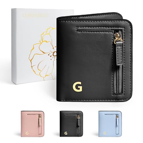 Image of COSHAYSOO Teen Girl RFID Small Wallets Slim Thin Travel Credit Card Cash Coin Holder, Monogrammed Initial Gifts Black Letter G