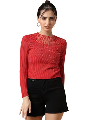 Image of ICW Women Knitted Rhinestone Embellised Daimond Studded Mesh Round Neck Long Sleeve Crop Top T-Shirt 206