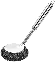 Heavy Duty Stainless Steel Scrubber with Long Handle – Non‑Scratch Wire Dish Brush for Cast Iron, Pots, Pans & Utensils | Grease & Burnt Food Remover, Kitchen Sink & Stove Cleaning Tool
