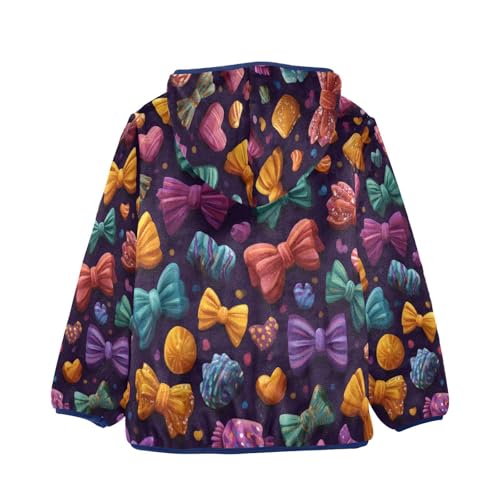 Colorful Bows and Hearts Pattern Toddler Fleece Jacket Girl Boys Hooded Fleece Jacket Coat Warm Outwear Zip-up 3-10T2
