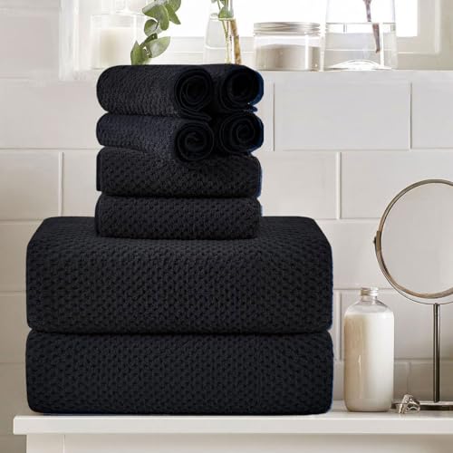 8 Piece Large Black Family Bath Towel Set-2 Oversized Bath Towel Sheets,2 Hand Towels,4 Washcloths-600GSM Soft Highly Absorbent Quick Dry Beach Chair Towels Woven Towels for Bathroom Hotel and Spa