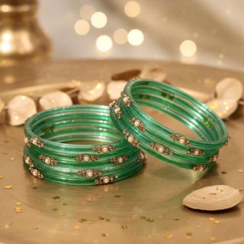 Image of SUNDRAM Women's Premium Fancy Glass Bangles for Women & Girls |with Zircon Gemstone Work & Charm| Traditional Ethnic Bangles Set of 12