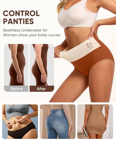 Image of Women's Cotton Underwear High Waisted Tummy Control Soft Stretch Briefs Full Coverage Panties 5 Pack