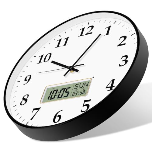 Image of Foxtop 14 inch Digital and Analog Wall Clock Silent Battery Operated Hour Chime