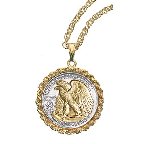 Coin Pendant Necklace Walking Liberty Half Dollarâ€“ United States Genuine Coin | Eagle Reverse Side| Goldtone 24 Inch Rope Chain | Certificate of Authenticity - American Coin Treasures