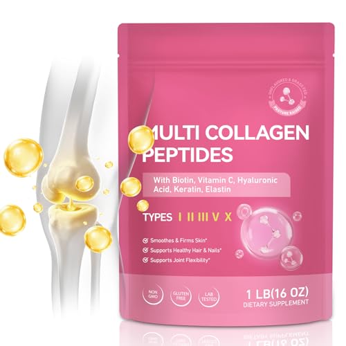 Collagen Peptides Polvo 454g – Multi Colágeno Tipo I II III V X con Vitamina C, Biotina, Ácido Hialurónico, Queratina y Elastina – Colágeno Hidrolizado Sin Sabor – Para Piel Cabello Uñas