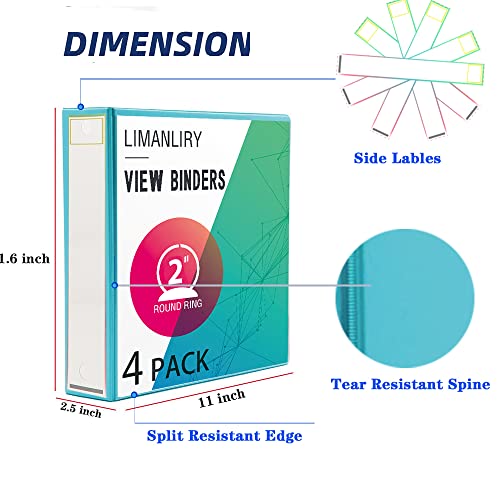 2 Inch Binders, Durable 2" 3 Ring Binder, Customizable View Binder With Pockets, Assorted Colors, 4 Pack #TOP2
