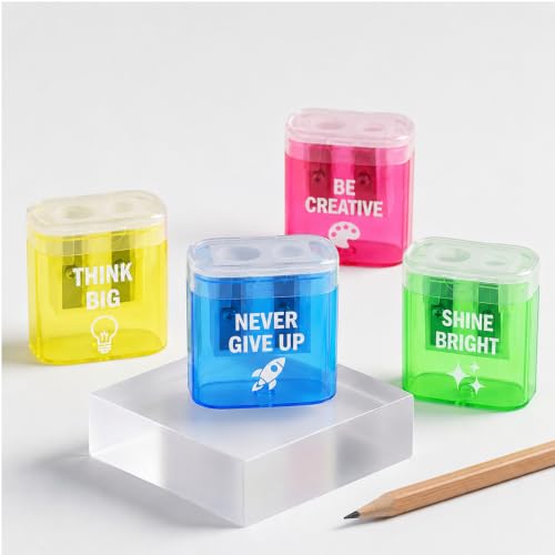 Sabary 48 Pack Manual Pencil Sharpener Bulk Colored Dual Hole Handheld Sharpeners with Lid and Motivational Quotes for Students School Class Home Office Supplies (Rectangular Style) - Image 5