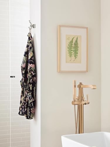 Image of Amerock Mulholland Double Prong Brushed Nickel Wall-Mounted Hook | Decorative wall hook in durable zinc construction for coats, hats, bags, towels, and everyday organization