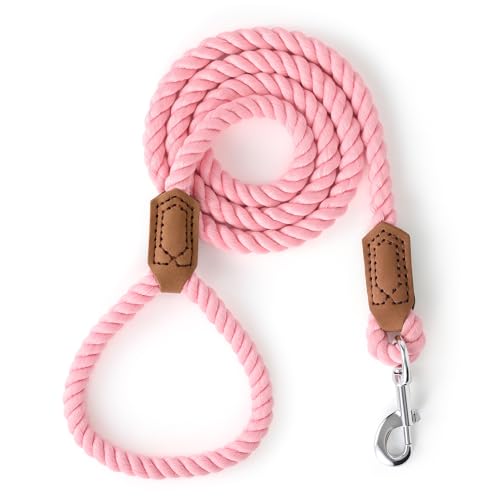Mile High Life Dog Leash Braided Cotton Rope Leashes with Leather Tailor Tip with Leather Tip - Heavy Duty Metal Clasp 4FT 1/2 Thick - Wedding Walking Leash for Medium Large Dogs(Pink)