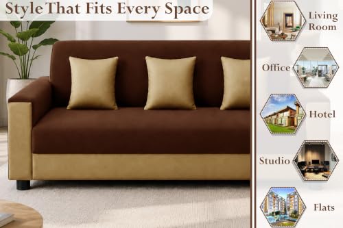 Image of 3 Seater Wooden Sofa | Velvet Fabric Couch with Cushions | Comfortable Living Room Sofa | Sturdy Wooden Frame | Home & Office Furniture | Brown & Beige