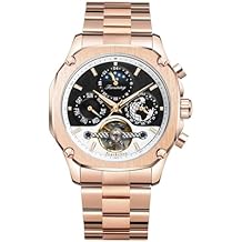 Mens Automatic Mechanical Watches Super Grand Moonphase Hollow Tourbillon Watch Earth Date Week Display Rose Gold Stainless Steel Wristwatch