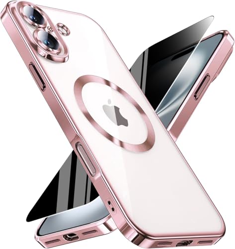 Image of Magnetic for iPhone 17 Case with Privacy Screen Protector & Full Camera Cover,[Non-Yellowing] Shockproof Clear Phone Case Compatible with MagSafe Women Girls for iPhone17,Pink
