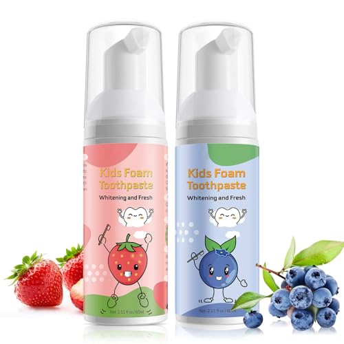 Toddler Foam Toothpaste with Low Fluoride Gentle Cleaning for Ages 3+ Mild Fruit Flavor Kids Foaming Toothpaste Compatible with U-Shaped Toothbrush (120 ML Blueberry & Strawberry)